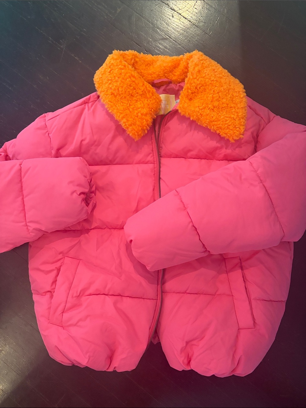 Urban Outfitters Hot Pink Puffer with Bright Orange Sherpa Collar. Like new